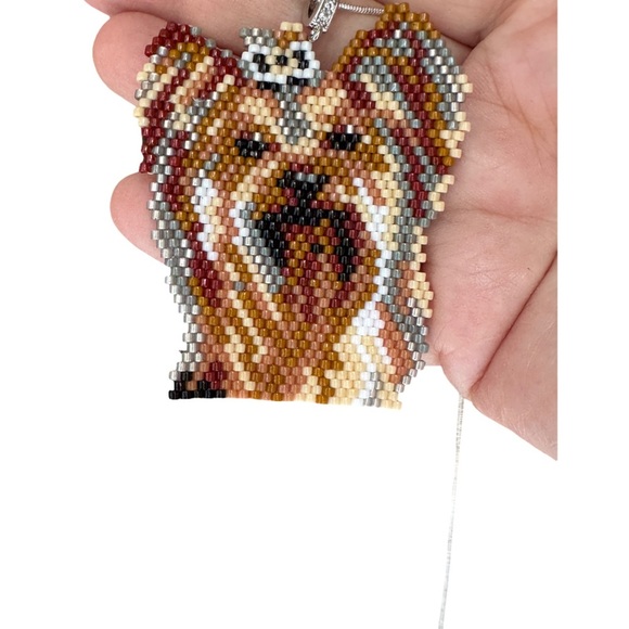 Hand Crafted Beaded Yorkie Pendant Necklace brown and Yellow - 24” silver chain - Picture 6 of 8